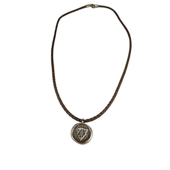 Gucci Sterling Silver Woven Black Leather Crest Tag Pendant Necklace - Picture 1 of 8